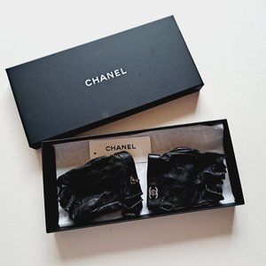 Chanel Lambskin Leather Black CC Quilted Fingerless Gloves Size 7